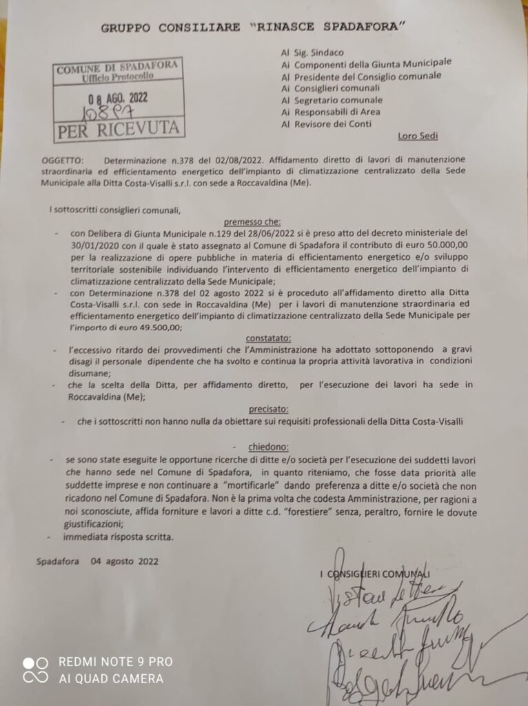 Spadafora, Pistone “il sindaco Venuto continua a mortificare gli imprenditori Spadaforesi. Ditte in regola con Durc e Mepa. Perché lavori affidati fuori città? Basta arrampicarsi sugli specchi” 2 interrogazione spadafora climatizzazione