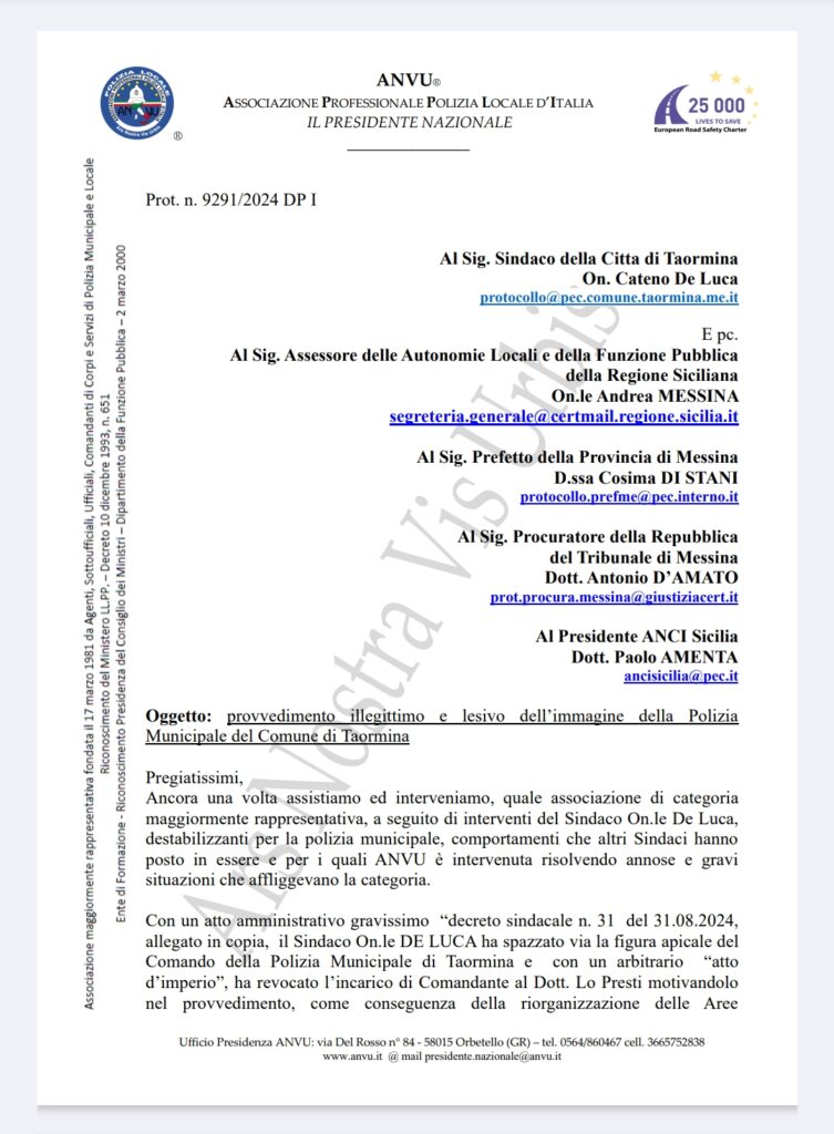 Polizia Municipale Taormina, ANVU scrive a Sindaco, Prefetto e Procuratore della Repubblica "atto gravissimo" 2 1000133303