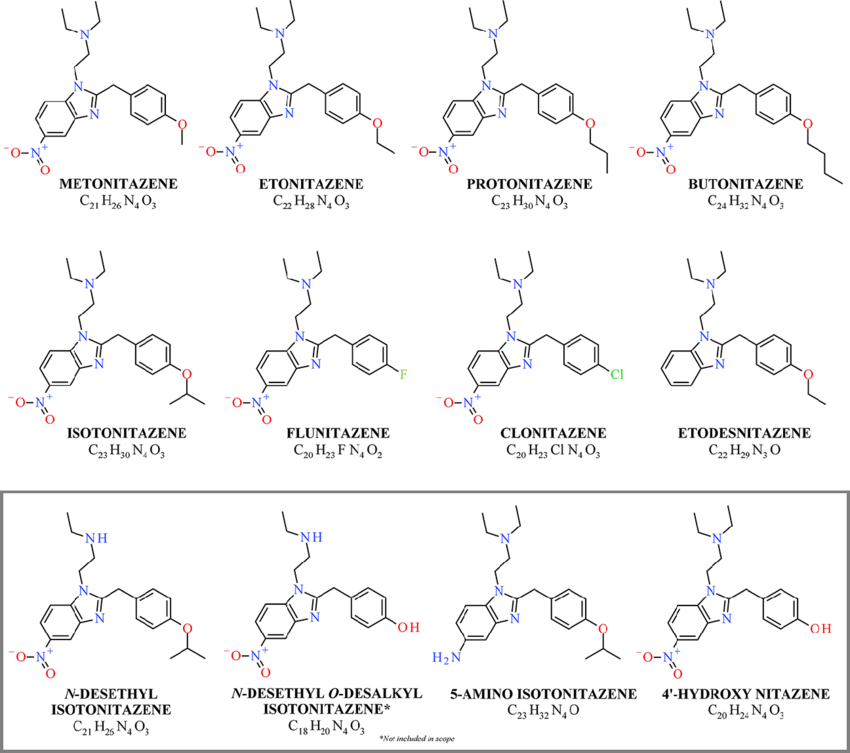 REPORTAGE VdS - Allarme DROGHE CHIMICHE: dalla Sierra Leone arriva il KUSH. Droga? Ormai cocktail di potenti farmaci, chimica e sostanze nocive. Servono FAMIGLIE INFORMATE 3 Structures of nitazene analogs included in analysis as well as the metabolites of