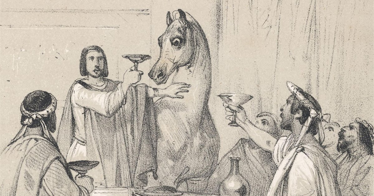 caligola con il suo cavallo incitatus che mangia alla stessa tavola