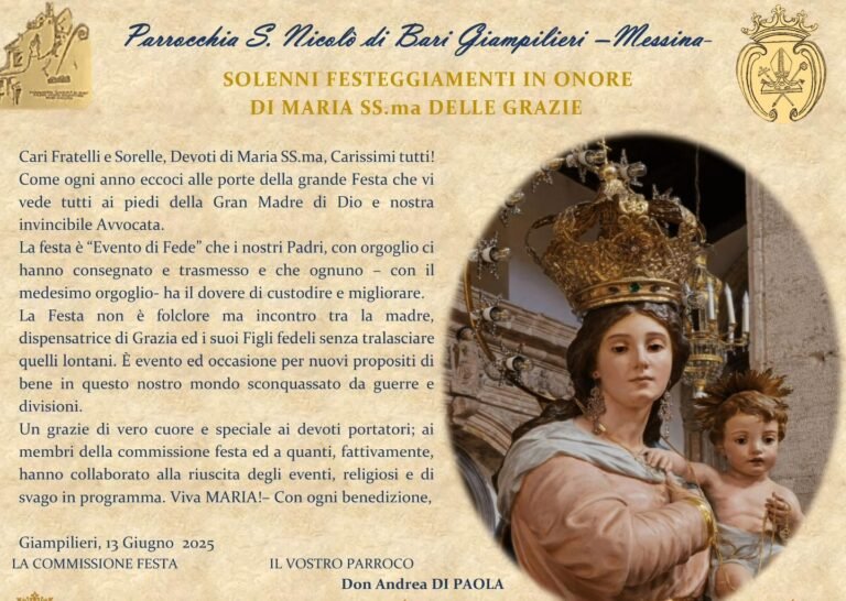 Tutto pronto a Giampilieri per la festa della Madonna delle Grazie, che si svolgerà Sabato 5 e Domenica 6 Luglio.