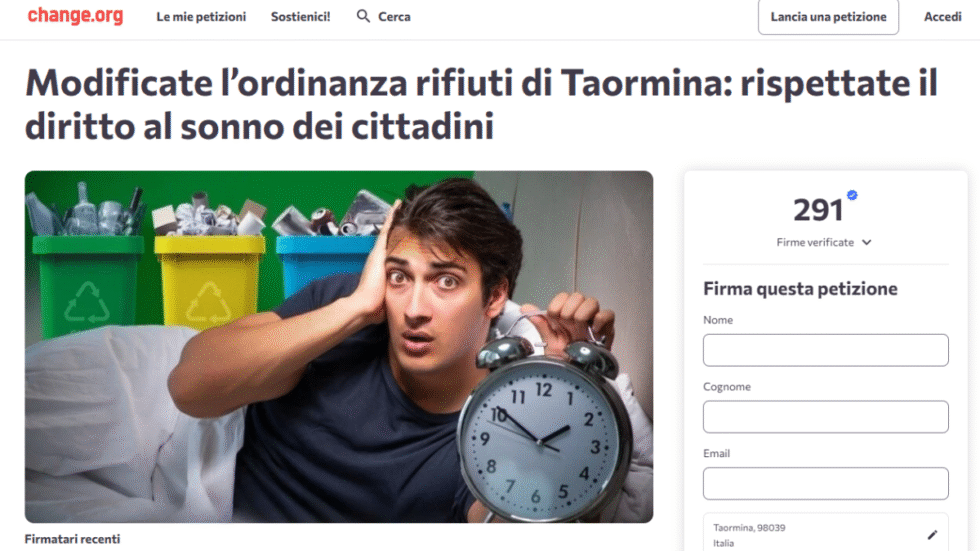 Taormina: dal silenzio istituzionale alla mobilitazione online. Il “diritto al sonno” diventa una battaglia collettiva 1 Change Petizione Comitato DAST