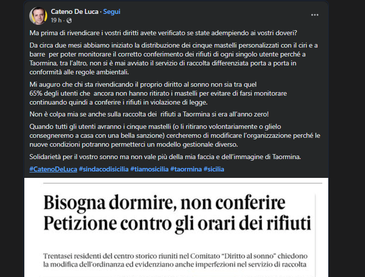 Differenziata Taormina - Il Comitato replica al Sindaco: "Il decoro della città passa anche dal diritto al riposo" 1 Risposta social sindaco Cateno De Luca