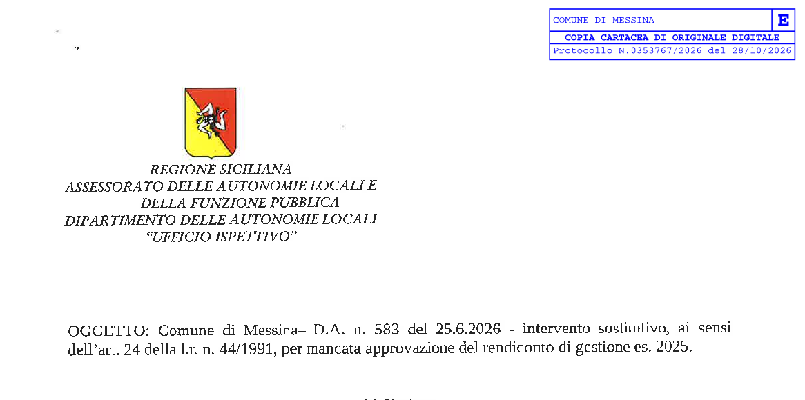 MESSINA, RENDICONTO 2025: NOMINATO IL COMMISSARIO. SCURRIA SINDACO: «CHIARIRE RITARDI, COSTI E RESPONSABILITÀ»