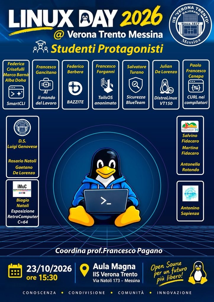 Linux Day 2026 a Messina: software libero, intelligenza artificiale e sovranità digitale all’IIS Verona Trento di Messina.